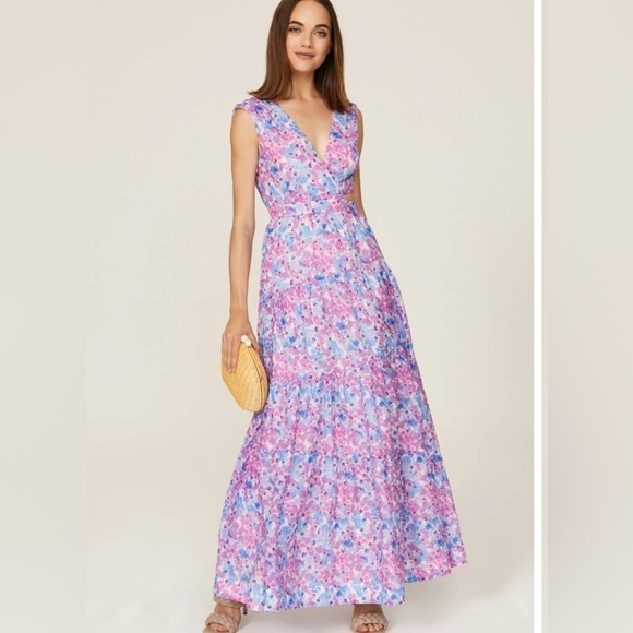 NICHOLAS ORCHID FLORAL LINED MAX SIZE 10 PINK BLUE A-LINE SLEEVELESS DRESS - Picture 1 of 13